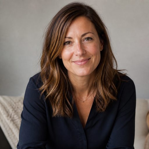 Woman in her 30s smiling, natural light portrait, friendly expression