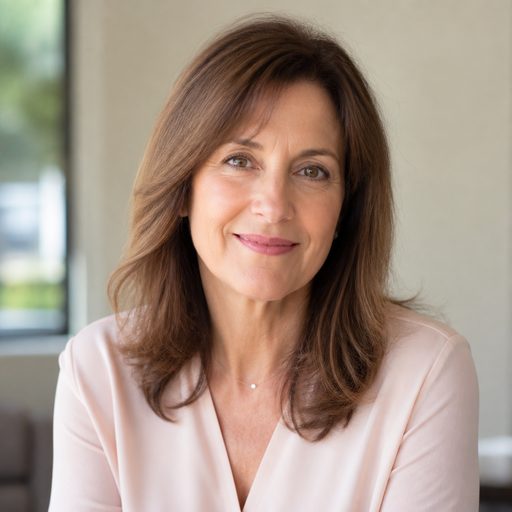 Woman in her 50s with warm smile, natural portrait, indoor soft lighting