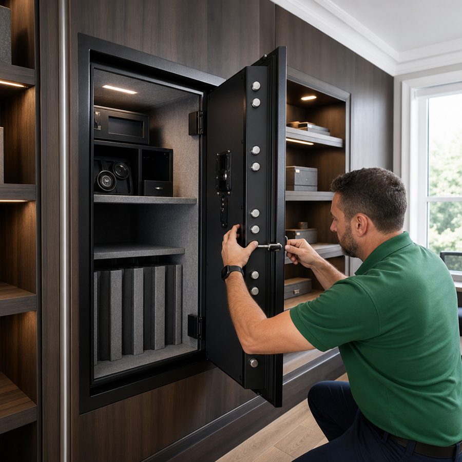 Modern steel safe box installed inside an office wall closet, open door showing secure interior, warm indoor lighting