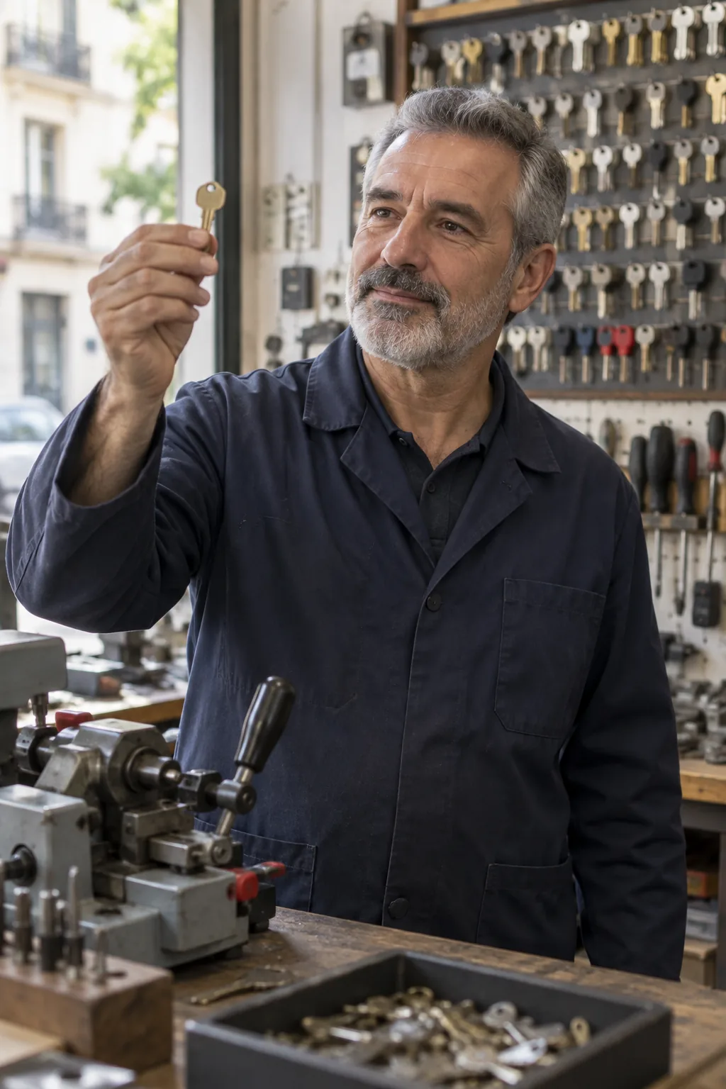Andrés, fundador de Cerrajería 24h Segura, revisando una llave en su taller
